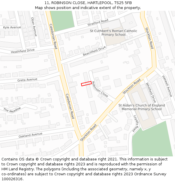 11, ROBINSON CLOSE, HARTLEPOOL, TS25 5FB: Location map and indicative extent of plot