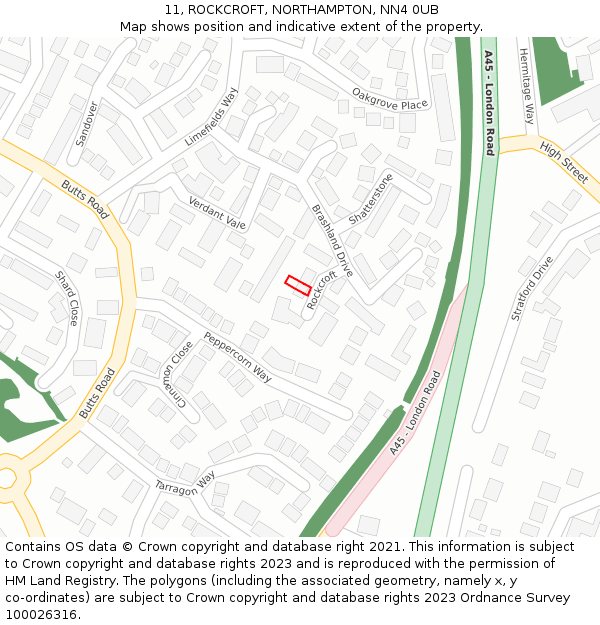 11, ROCKCROFT, NORTHAMPTON, NN4 0UB: Location map and indicative extent of plot
