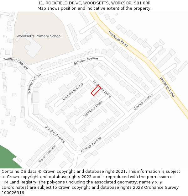 11, ROCKFIELD DRIVE, WOODSETTS, WORKSOP, S81 8RR: Location map and indicative extent of plot