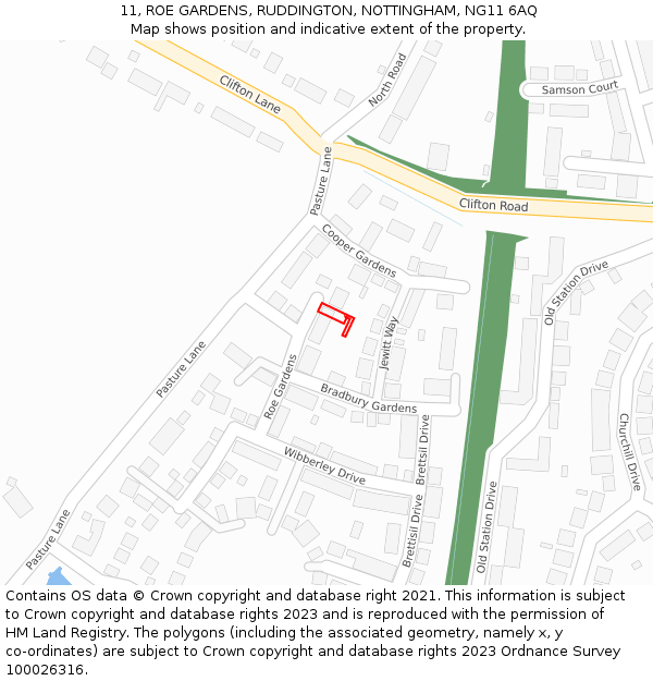 11, ROE GARDENS, RUDDINGTON, NOTTINGHAM, NG11 6AQ: Location map and indicative extent of plot