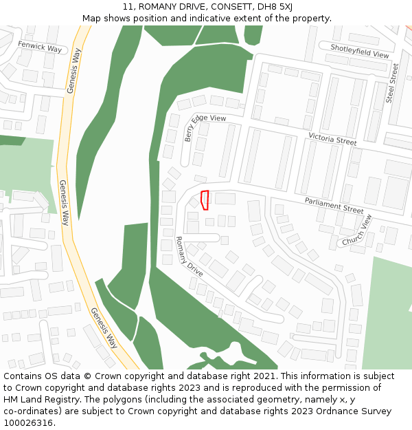 11, ROMANY DRIVE, CONSETT, DH8 5XJ: Location map and indicative extent of plot