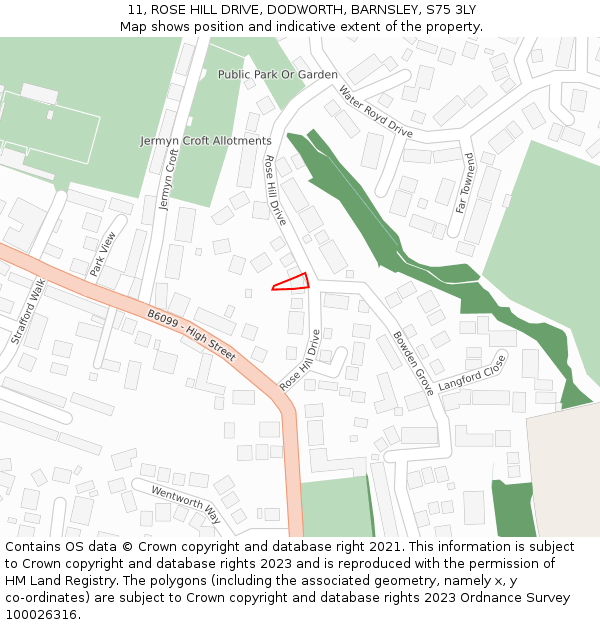 11, ROSE HILL DRIVE, DODWORTH, BARNSLEY, S75 3LY: Location map and indicative extent of plot