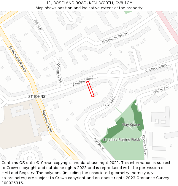 11, ROSELAND ROAD, KENILWORTH, CV8 1GA: Location map and indicative extent of plot