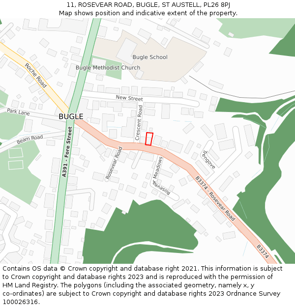 11, ROSEVEAR ROAD, BUGLE, ST AUSTELL, PL26 8PJ: Location map and indicative extent of plot