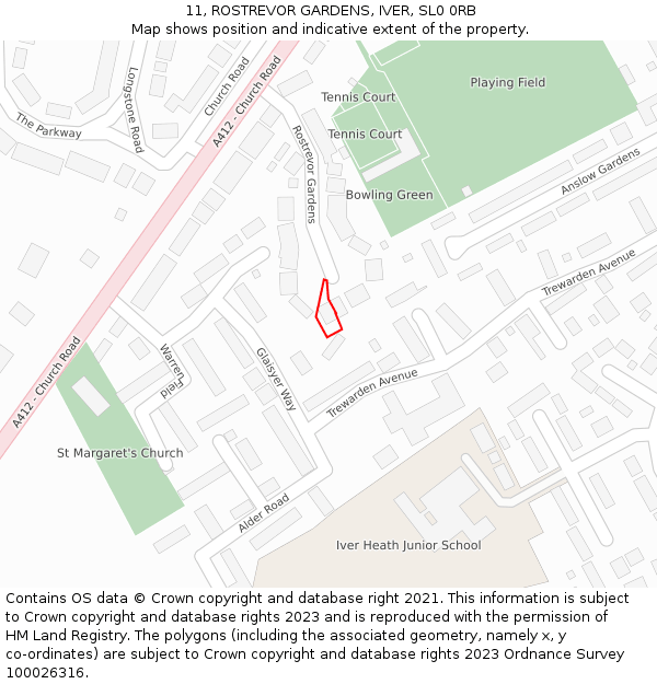 11, ROSTREVOR GARDENS, IVER, SL0 0RB: Location map and indicative extent of plot