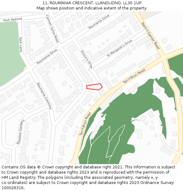 11, ROUMANIA CRESCENT, LLANDUDNO, LL30 1UP: Location map and indicative extent of plot