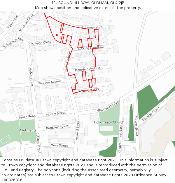 11, ROUNDHILL WAY, OLDHAM, OL4 2JR: Location map and indicative extent of plot