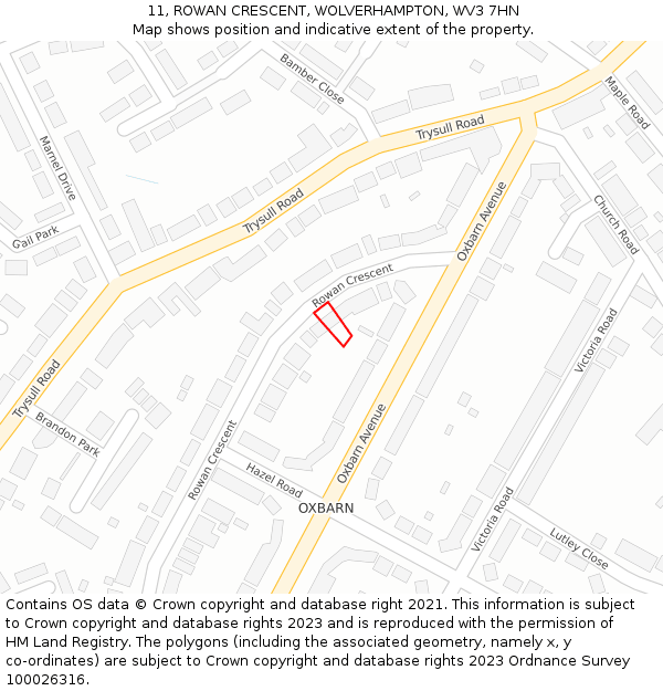 11, ROWAN CRESCENT, WOLVERHAMPTON, WV3 7HN: Location map and indicative extent of plot