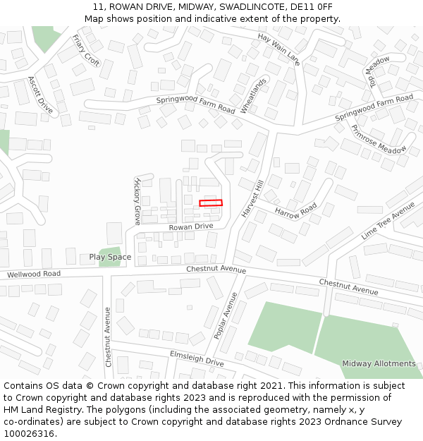11, ROWAN DRIVE, MIDWAY, SWADLINCOTE, DE11 0FF: Location map and indicative extent of plot