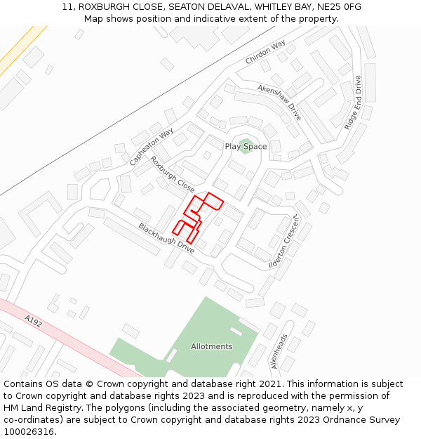 11, ROXBURGH CLOSE, SEATON DELAVAL, WHITLEY BAY, NE25 0FG: Location map and indicative extent of plot
