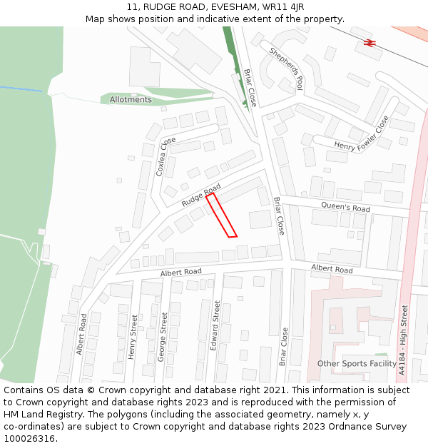 11, RUDGE ROAD, EVESHAM, WR11 4JR: Location map and indicative extent of plot