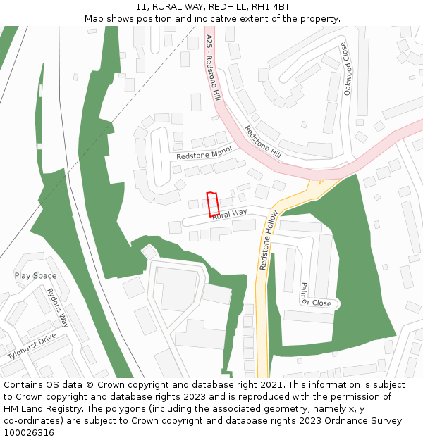 11, RURAL WAY, REDHILL, RH1 4BT: Location map and indicative extent of plot