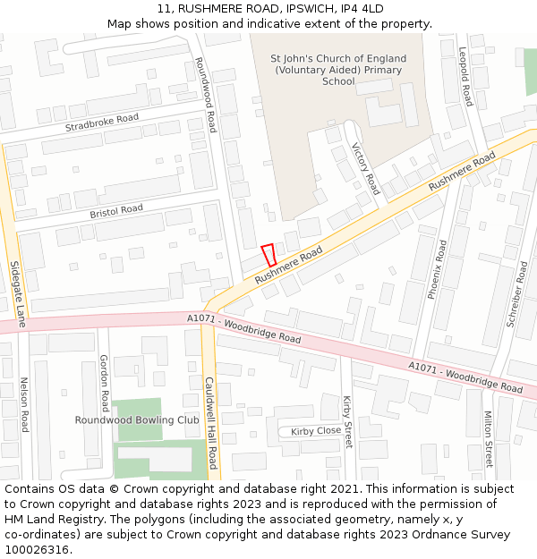 11, RUSHMERE ROAD, IPSWICH, IP4 4LD: Location map and indicative extent of plot
