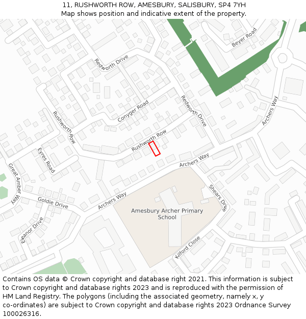 11, RUSHWORTH ROW, AMESBURY, SALISBURY, SP4 7YH: Location map and indicative extent of plot