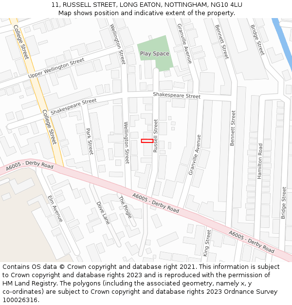 11, RUSSELL STREET, LONG EATON, NOTTINGHAM, NG10 4LU: Location map and indicative extent of plot