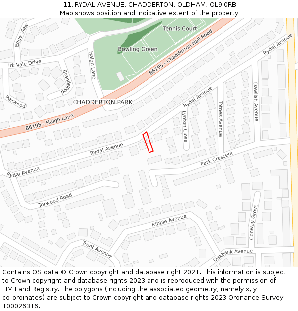 11, RYDAL AVENUE, CHADDERTON, OLDHAM, OL9 0RB: Location map and indicative extent of plot