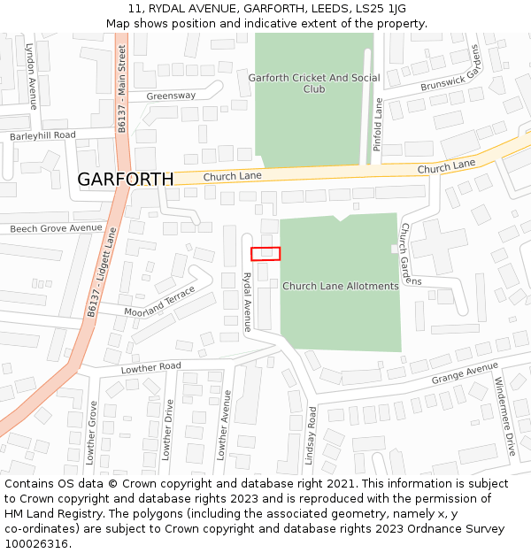 11, RYDAL AVENUE, GARFORTH, LEEDS, LS25 1JG: Location map and indicative extent of plot