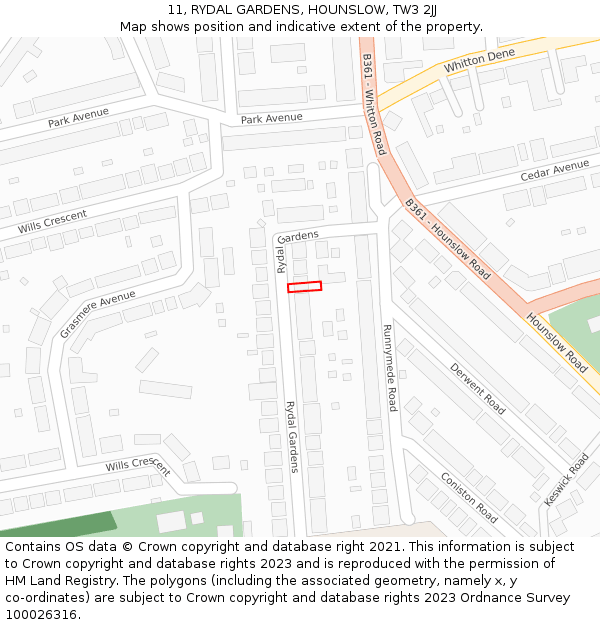11, RYDAL GARDENS, HOUNSLOW, TW3 2JJ: Location map and indicative extent of plot