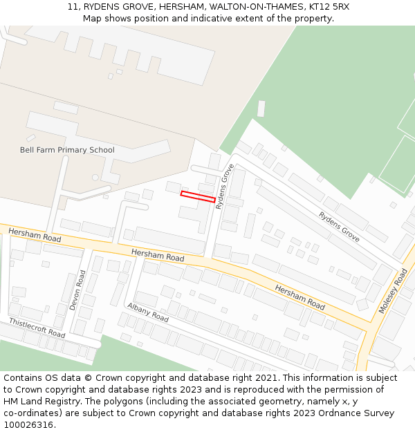 11, RYDENS GROVE, HERSHAM, WALTON-ON-THAMES, KT12 5RX: Location map and indicative extent of plot