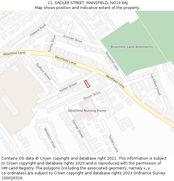11, SADLER STREET, MANSFIELD, NG19 6AJ: Location map and indicative extent of plot