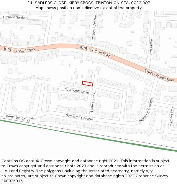 11, SADLERS CLOSE, KIRBY CROSS, FRINTON-ON-SEA, CO13 0QB: Location map and indicative extent of plot