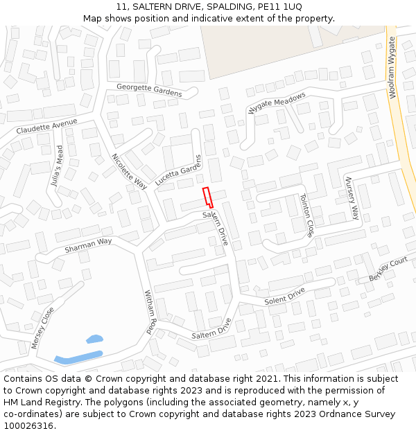 11, SALTERN DRIVE, SPALDING, PE11 1UQ: Location map and indicative extent of plot