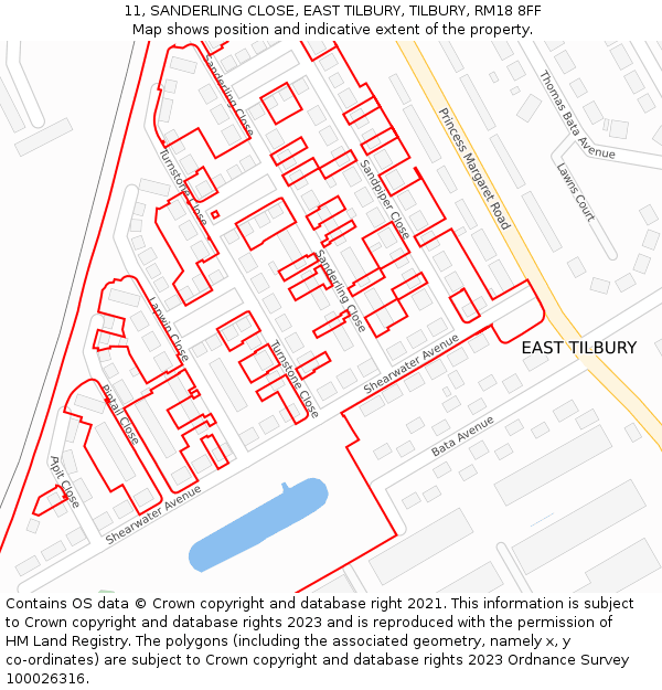 11, SANDERLING CLOSE, EAST TILBURY, TILBURY, RM18 8FF: Location map and indicative extent of plot