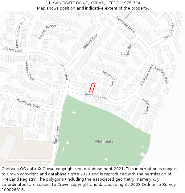 11, SANDGATE DRIVE, KIPPAX, LEEDS, LS25 7EX: Location map and indicative extent of plot