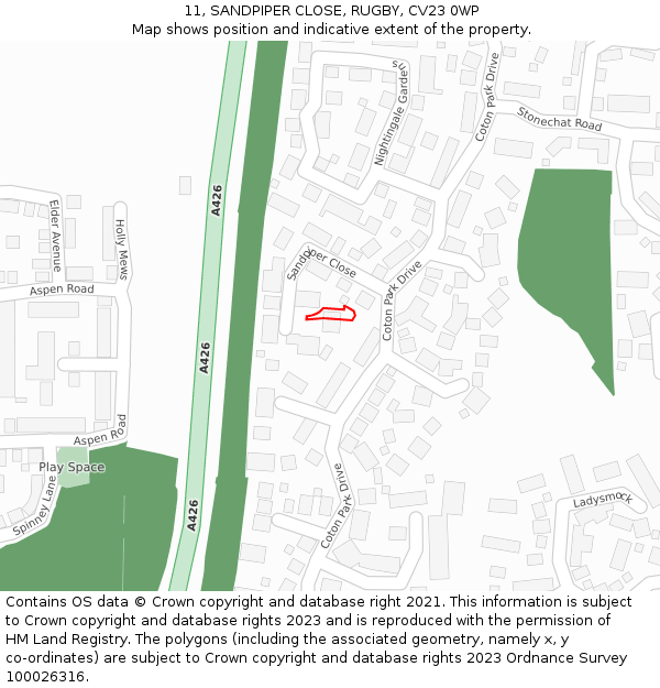 11, SANDPIPER CLOSE, RUGBY, CV23 0WP: Location map and indicative extent of plot