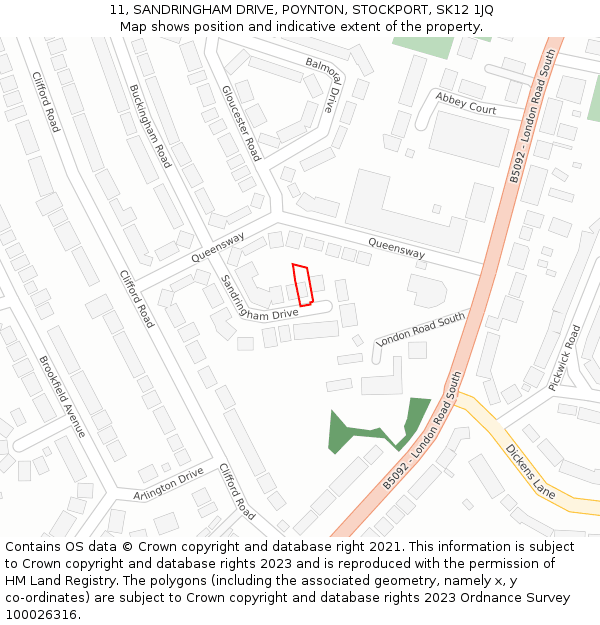 11, SANDRINGHAM DRIVE, POYNTON, STOCKPORT, SK12 1JQ: Location map and indicative extent of plot