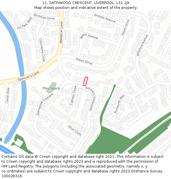 11, SATINWOOD CRESCENT, LIVERPOOL, L31 1JX: Location map and indicative extent of plot