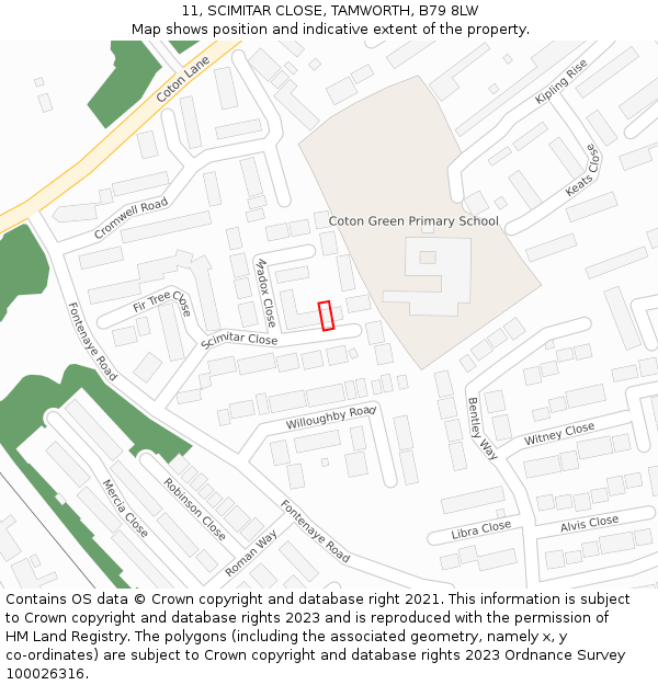 11, SCIMITAR CLOSE, TAMWORTH, B79 8LW: Location map and indicative extent of plot