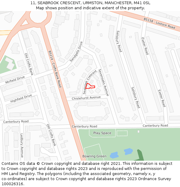 11, SEABROOK CRESCENT, URMSTON, MANCHESTER, M41 0SL: Location map and indicative extent of plot