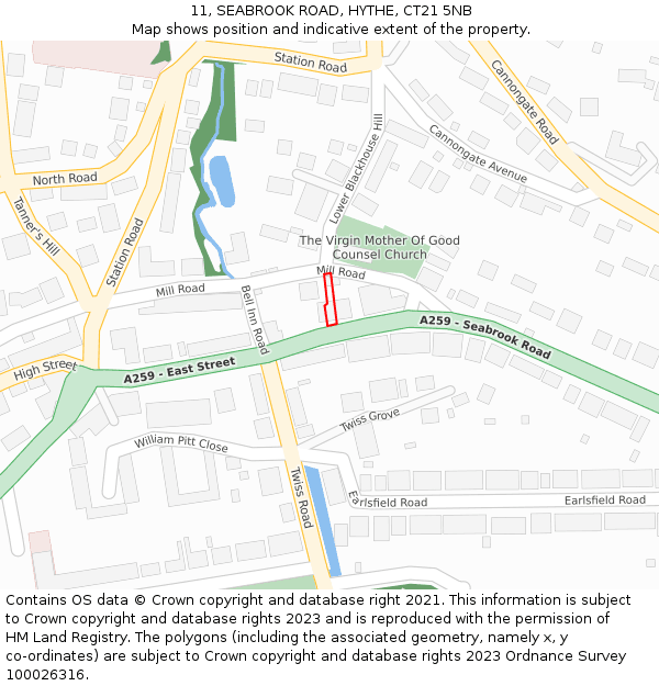 11, SEABROOK ROAD, HYTHE, CT21 5NB: Location map and indicative extent of plot