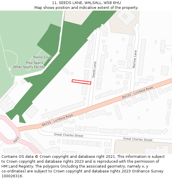 11, SEEDS LANE, WALSALL, WS8 6HU: Location map and indicative extent of plot