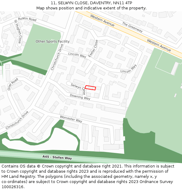 11, SELWYN CLOSE, DAVENTRY, NN11 4TP: Location map and indicative extent of plot