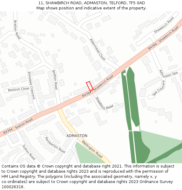 11, SHAWBIRCH ROAD, ADMASTON, TELFORD, TF5 0AD: Location map and indicative extent of plot