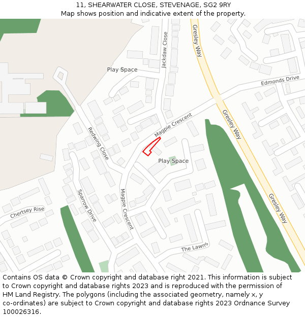 11, SHEARWATER CLOSE, STEVENAGE, SG2 9RY: Location map and indicative extent of plot