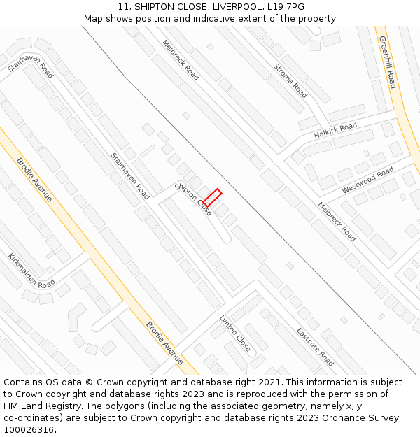 11, SHIPTON CLOSE, LIVERPOOL, L19 7PG: Location map and indicative extent of plot