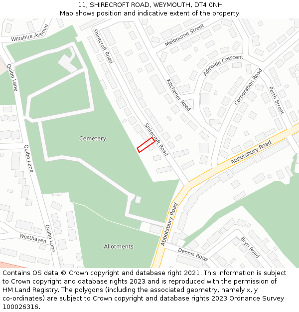 11, SHIRECROFT ROAD, WEYMOUTH, DT4 0NH: Location map and indicative extent of plot