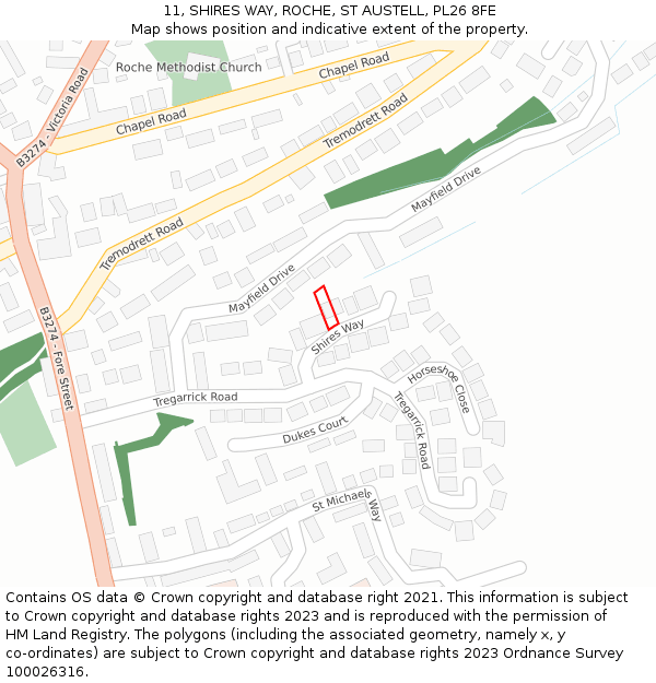 11, SHIRES WAY, ROCHE, ST AUSTELL, PL26 8FE: Location map and indicative extent of plot