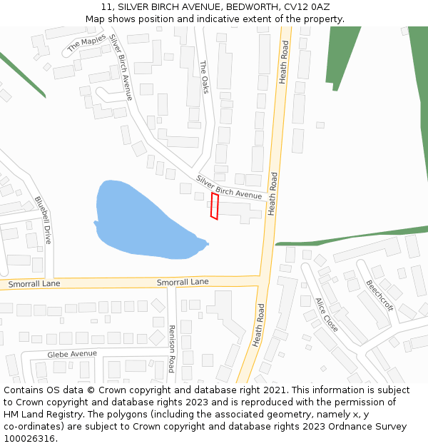 11, SILVER BIRCH AVENUE, BEDWORTH, CV12 0AZ: Location map and indicative extent of plot