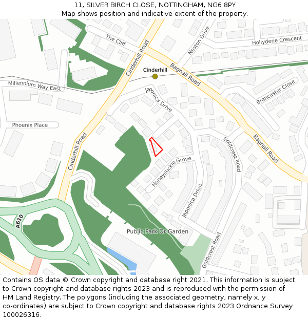 11, SILVER BIRCH CLOSE, NOTTINGHAM, NG6 8PY: Location map and indicative extent of plot