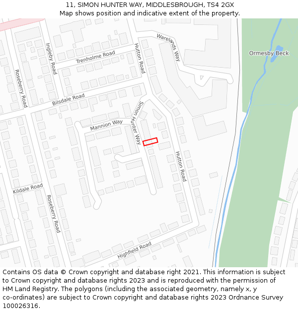 11, SIMON HUNTER WAY, MIDDLESBROUGH, TS4 2GX: Location map and indicative extent of plot