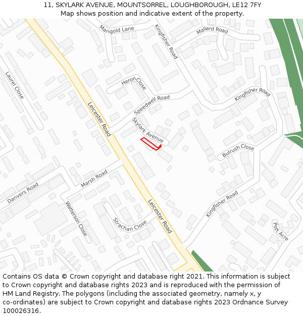 11, SKYLARK AVENUE, MOUNTSORREL, LOUGHBOROUGH, LE12 7FY: Location map and indicative extent of plot