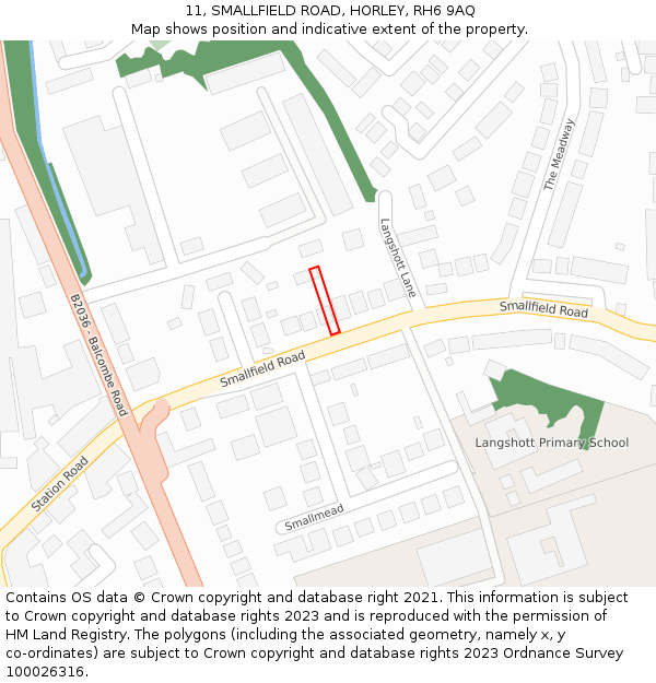 11, SMALLFIELD ROAD, HORLEY, RH6 9AQ: Location map and indicative extent of plot