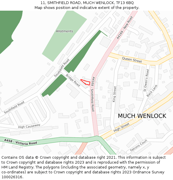 11, SMITHFIELD ROAD, MUCH WENLOCK, TF13 6BQ: Location map and indicative extent of plot