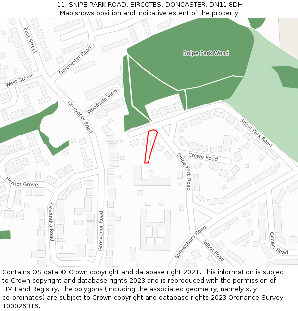 11, SNIPE PARK ROAD, BIRCOTES, DONCASTER, DN11 8DH: Location map and indicative extent of plot