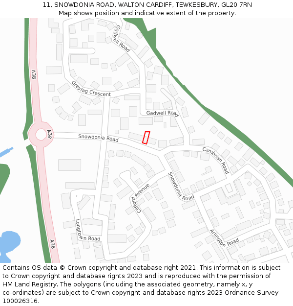 11, SNOWDONIA ROAD, WALTON CARDIFF, TEWKESBURY, GL20 7RN: Location map and indicative extent of plot