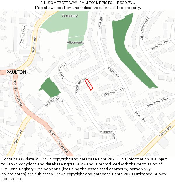 11, SOMERSET WAY, PAULTON, BRISTOL, BS39 7YU: Location map and indicative extent of plot